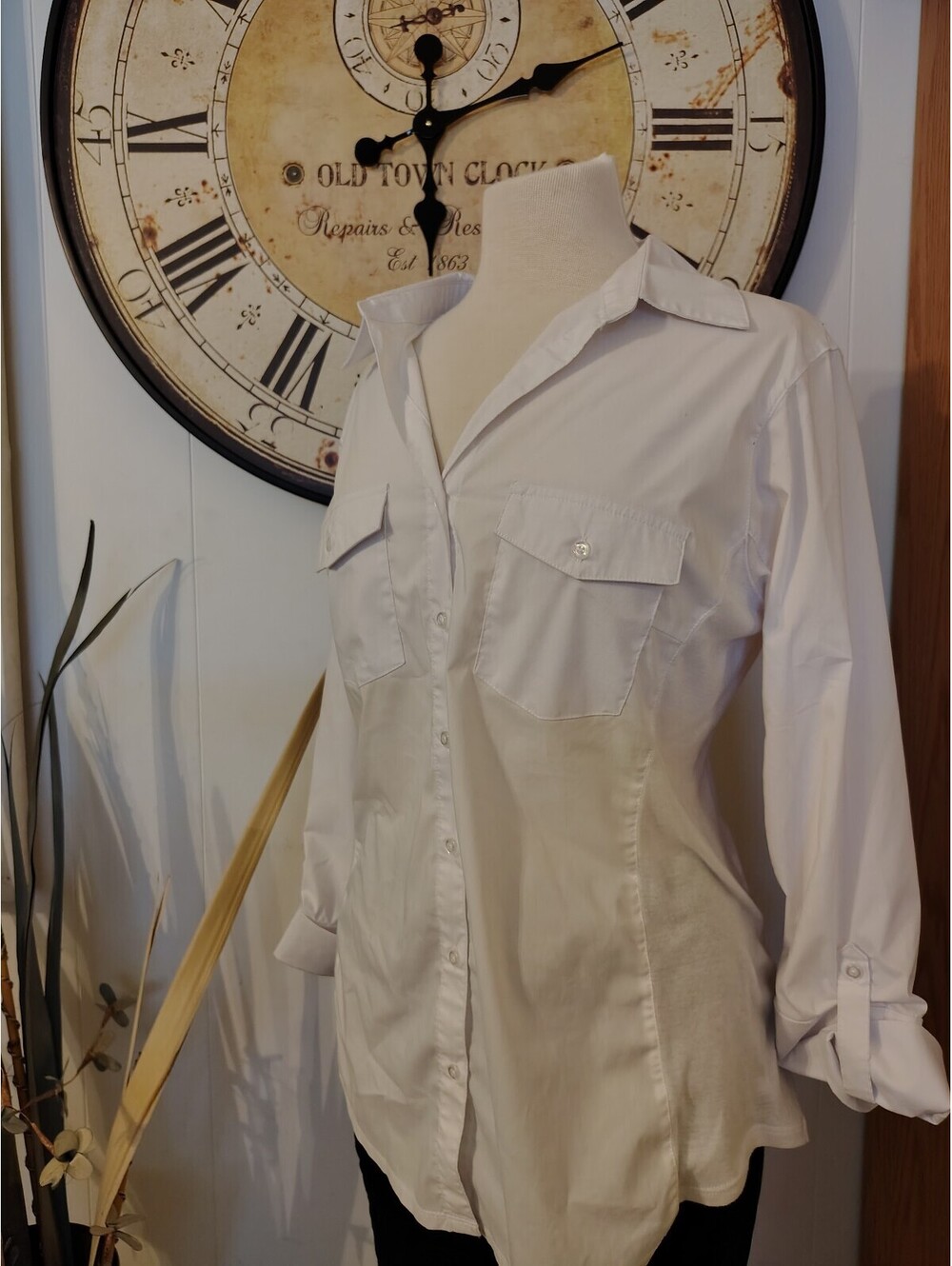 Women's White Long Sleeve Button-Up Shirt with Chest Pockets